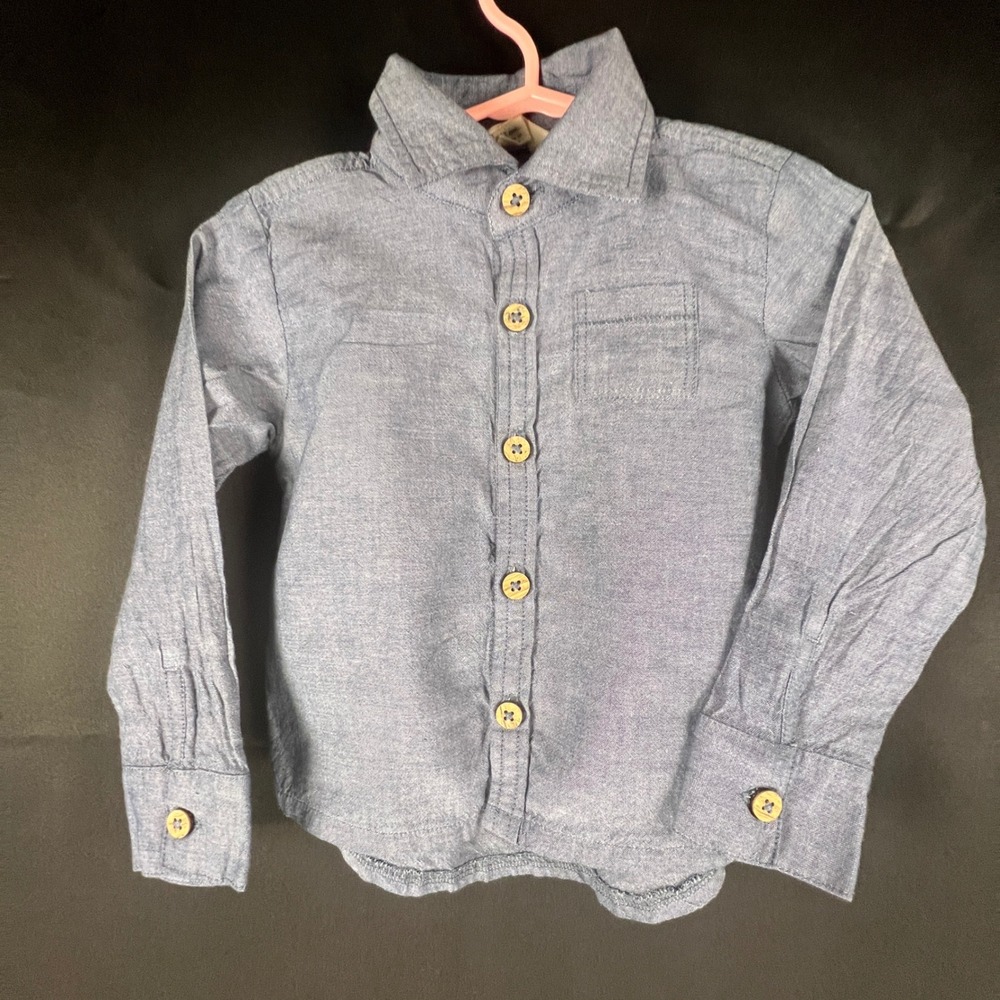 Burts Bees Baby Boys Blue Organic Cotton Chambray Button Down Shirt Sz 12 Months